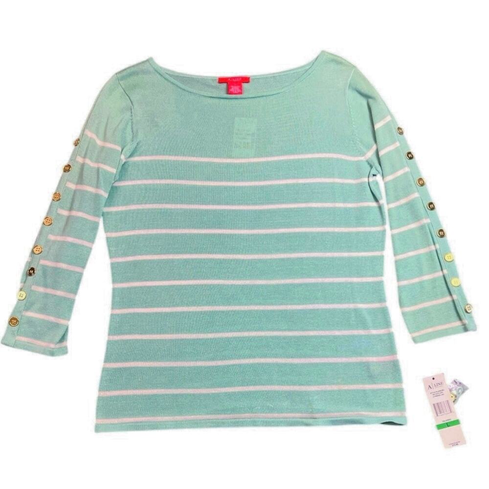 NWT A Line Anne Klein Mint Green Striped Cotton Knit Top Button Sleeve - L